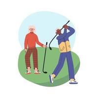 Happy senior couple playing golf in club park. Elderly man and woman lead active lifestyle. Grandmother and grandfather flat vector modern illustration