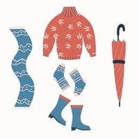 Autumn clothes set with rubber boots, umbrella, socks, sweater and scarf. Cozy vector elements.