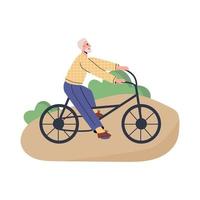 Happy senior men riding bicycles in the park. Elderly lead an active lifestyle. Grandmother spend time outdoors flat vector