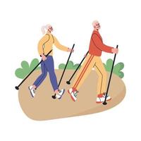 Happy senior couple doing nordic walking with stikcs in park. Elderly man and woman lead active lifestyle. vector