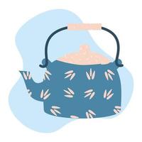 Cute teapot, blue kitchen tool - kettle. Cartoon vector illustration