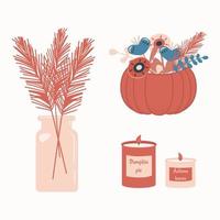 Warm and cozy. Illustration with cute things and objects for home interior. Vase with pampas grass, pumpkin with flowers and aroma candle vector