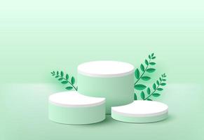 Cylinder podium green minimal with leaf scene vector