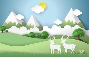 Deer family in forest with wildlife nature landscape. vector