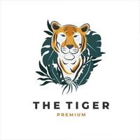 Logo illustration of a tiger behind a plant vector