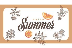 Minimalist Summer Background with Flowers and Oranges Illustration. Summer Time Background for Banner or Poster Design vector