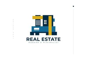 diseño moderno de logotipo inmobiliario en azul y amarillo. ilustración abstracta del logotipo de la casa para la identidad de marca de la industria de la arquitectura y la construcción vector