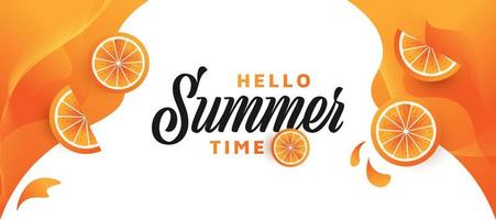 fondo festivo de verano con naranjas realistas en 3d. fondo de horario de verano para el diseño de pancartas o carteles. hola diseño de verano vector