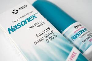 Bangkok, Thailand, October 1, 2021 Nasonex, mometasone furoate drug used to treat certain skin conditions, hay fever, and asthma at nose. photo