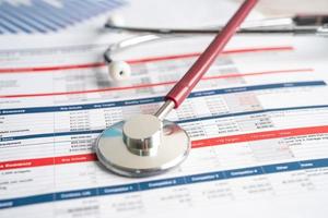 Stethoscope on spreadsheet paper, Finance, Account, Statistics, Investment, Analytic research data economy spreadsheet and Business company concept. photo