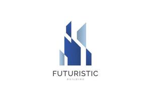 diseño de logotipo inmobiliario moderno y futurista. logotipo de edificio azul abstracto. identidad de marca de la industria de la arquitectura o la construcción vector