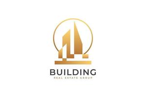 diseño de logotipo inmobiliario de lujo. arquitectura de oro, edificación y construcción para la identidad de la industria inmobiliaria vector