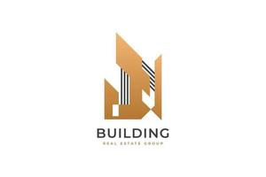 diseño de logotipo inmobiliario de lujo. arquitectura de oro, edificación y construcción para la identidad de la industria inmobiliaria vector