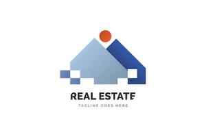 Modern Real Estate Logo Design. Abstract Blue House Logo with Sun Above. Architecture or Construction Industry Brand Identity vector