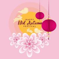 Happy mid autumn chinese festival greeting card poster design, moon cloud lantern flowers vector