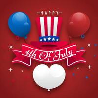 Happy 4th of july, independence day, 3d hat balloon celebration poster greeting template background vector