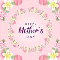 Happy Mothers Day greeting card poster vector with 3d realistic flowers and heart, Mother's Day wishes banner