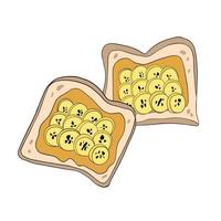 Peanut butter and banana toast. Healthy food illustration. Breakfast time vector