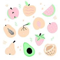 Set with hand drawn fruit doodles. Hand drawn apple, strawberry, watermelon, pear, coconut, avocado, peach and orange. Vector illustration