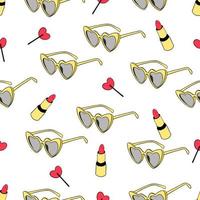 Yellow sunglasses, red lipstick and a lollipop. Retro style. Seamless pattern on white background Digital illustration vector