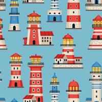 Vector flat style lighthouses with searchlight, marine theme seamless pattern