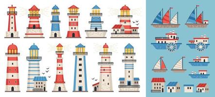 Sea lighthouse set. Sea flat style pharos or beacon collection