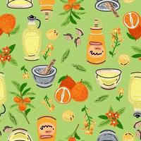 Colored vector seamless pattern of food and drink.