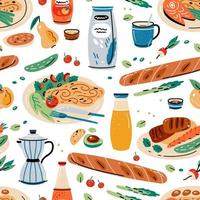 Colored vector seamless pattern of food and drink.