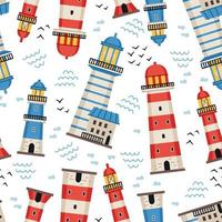 Lighthouses with searchlight, marine theme vector flat style seamless pattern