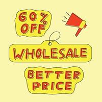 Cartoon discount labels set. Hand drawn wholesale labels. vector