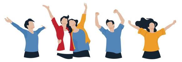 Happy people. People raised their hands up and enjoy life. Man and woman embrace. A set of characters. Vector image.