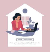 Online work. A girl is working on a laptop. People and business. The working process. The woman is talking on the phone. Infographics, presentation. Freelancer, work from home. Vector image.