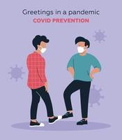 How to say hello during a pandemic. Prevention of Covid. Men bang their toes as a greeting. Vector image.