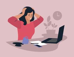 Online work. Girl with a laptop. People and business. The working process. Problems at work. Infographics, presentation. Freelancer, work from home. Vector image.