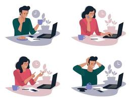 Online work. Girl and guy with a laptop. People and business. The working process. Office work. Freelancer, work from home. Vector image.