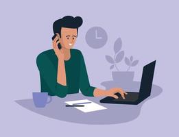 Online work. Boy with a laptop. People and business. Guy talking on the phone. Office work. Freelancer, work from home. Vector image.