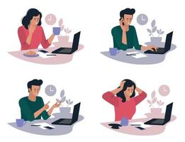 Online work. Girl and guy with a laptop. People and business. The working process. Office work. Freelancer, work from home. Vector image.