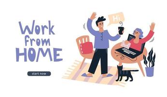 Online work. Work from home. A man with a laptop works, holds online meetings and negotiations. People and business. Set of illustrations. Vector image.