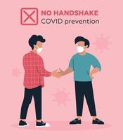 The men shake hands. A poster warning against shaking hands. Prevention of Covid. Vector illustration.