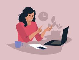 Online work. A woman is working on a laptop. People and business. The working process. The girl communicates via video link. Infographics, presentation. Freelancer, work from home. Vector image.