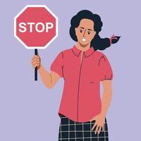 chica con una señal de stop. protesta. imagen vectorial vector