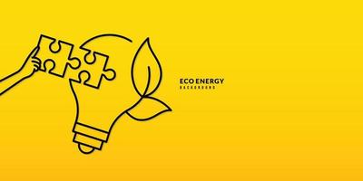 Hand hold jigsaw to completion puzzle piece in eco energy light bulb on yellow background, Pollution and environment protection concept vector