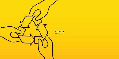 mano que sostiene el símbolo de reciclaje diseño de línea delgada sobre fondo amarillo, salvar el planeta y el concepto de energía vector