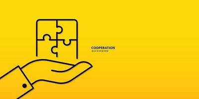 Hand holding  jigsaw puzzle thin line on yellow background. Business cooperation and teamwork concept. Co-worker planning and strategy vector