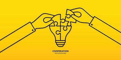 Hand hold jigsaw puzzle lightbulb on yellow background, Business solutions, cooperation and teamwork. Idea and success concept vector