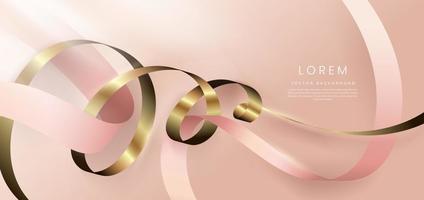 Abstract 3d gold curved ribbon on rose gold background with lighting effect and sparkle with copy space for text. Luxury design style. Vector illustration