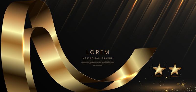 Abstract 3d gold curved ribbon on black background with star lighting effect and sparkle with copy space for text. Luxury design style.