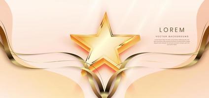 3d golden star with golden ribbon curved on soft rose gold background. Template luxury premium award design. vector