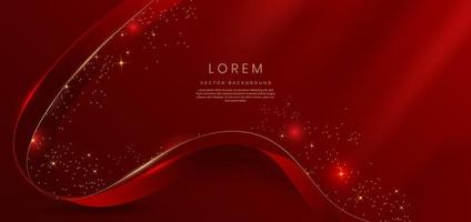 Abstract 3d gold curved red ribbon on red background with lighting effect and sparkle with copy space for text. Luxury design style. vector