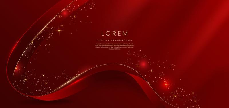 Abstract 3d gold curved red ribbon on red background with lighting effect and sparkle with copy space for text. Luxury design style.
